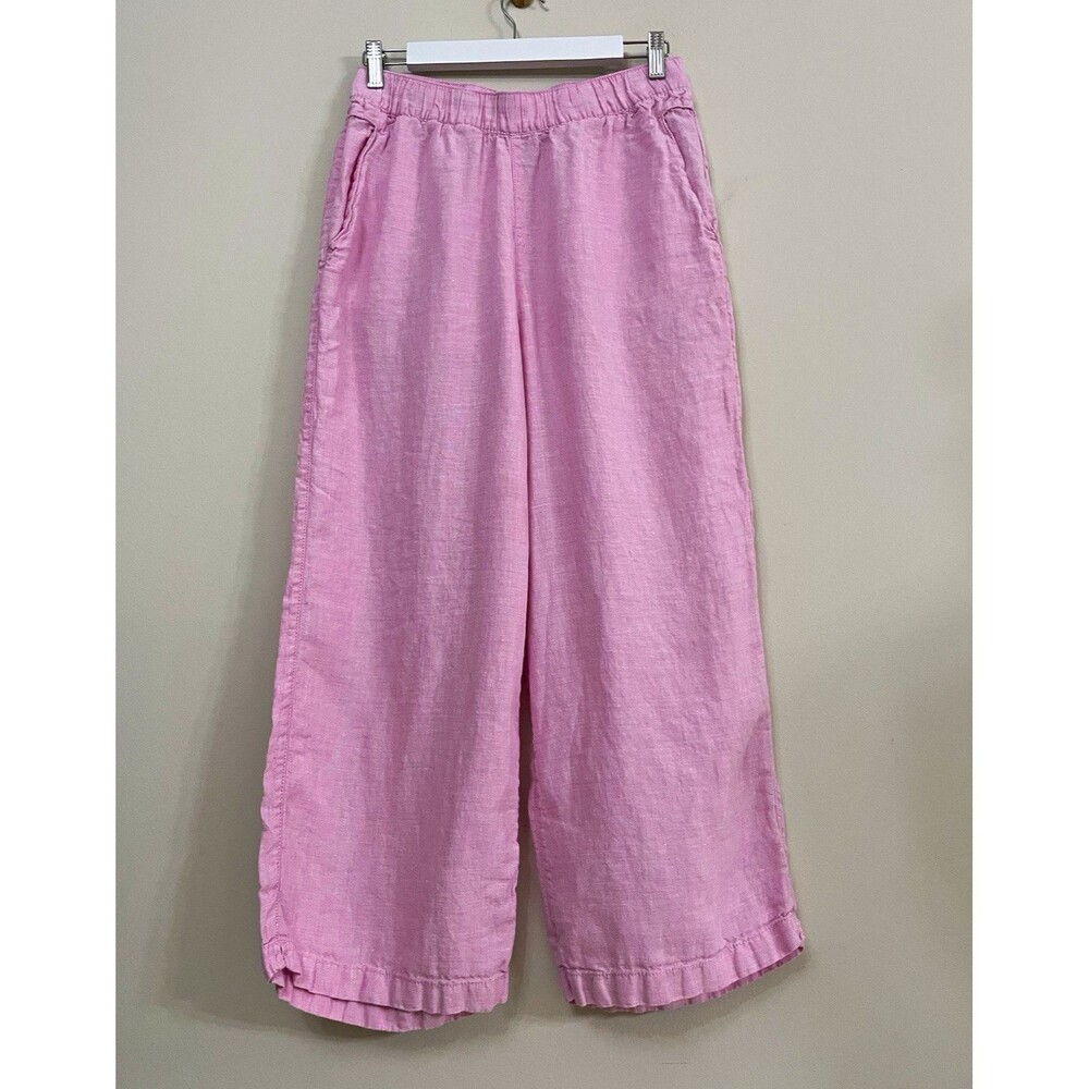 Cynthia Rowley Pink Linen Wide-Leg Cropped Pants Elastic Waist Pockets Womens M